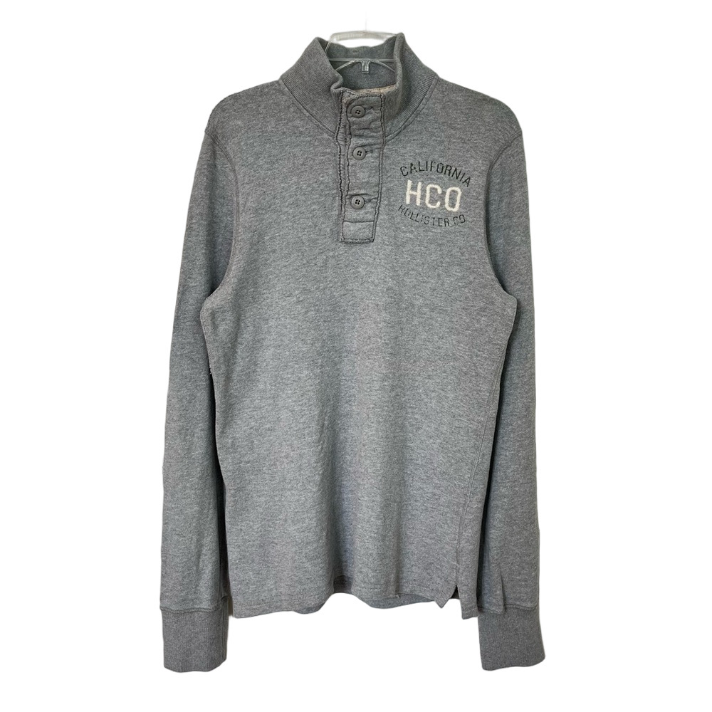 Vintage Hollister HCO Y2K Henley Mock Neck Gray Cotton Pullover Sweatshirt Men M